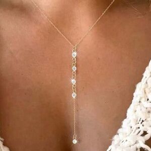 Gold Plated Stainless Steel Cubic Zirconia Lariat Drop Necklace